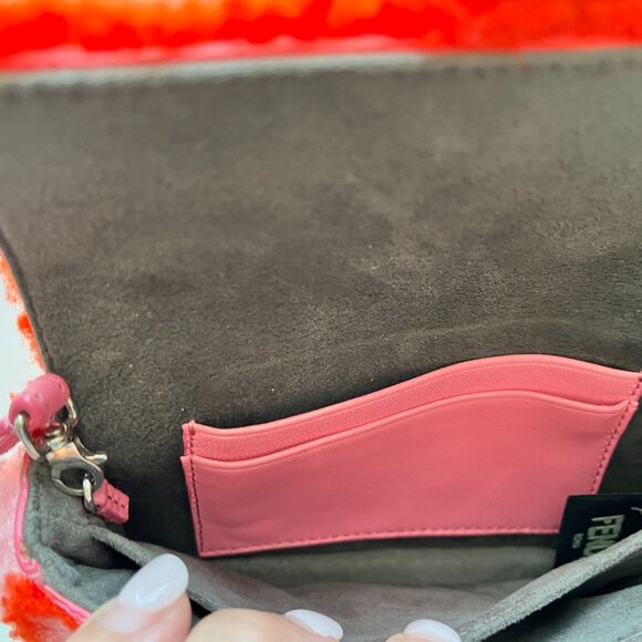 FENDI Baguette NM Bag Zucca Shearling Mini Purse Bubblegum Rosso - Picture 9 of 13